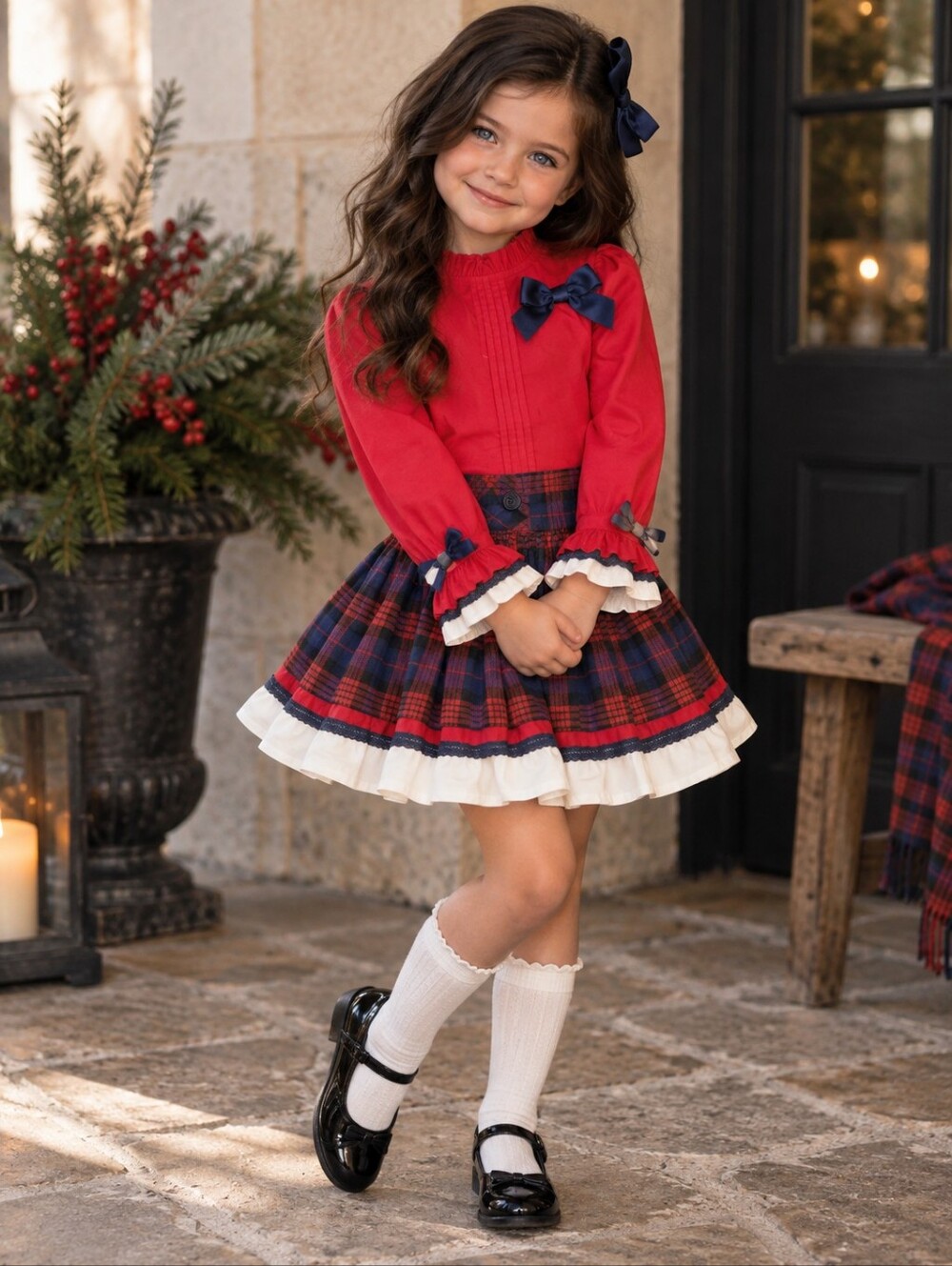 Pettigirl Girls Size 4/5 Red Tartan Plaid Skirt Blouse Set Christmas Spanish CC